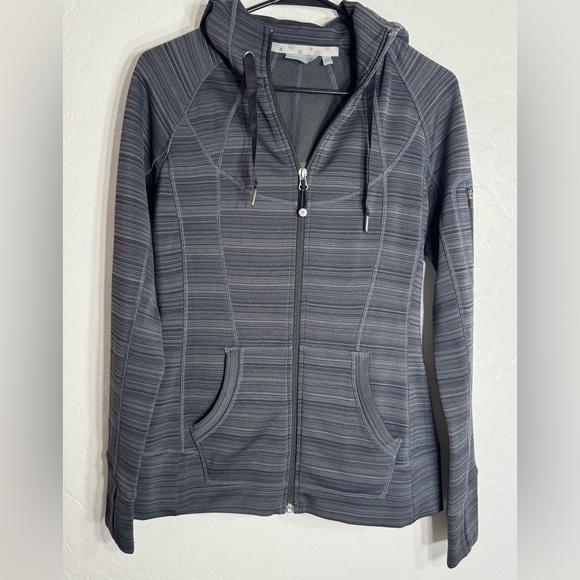 Athleta Striped Gray Zip-Up Hoodie Jacket Size Medium Fleece Lined Thumbholes - Picture 1 of 9